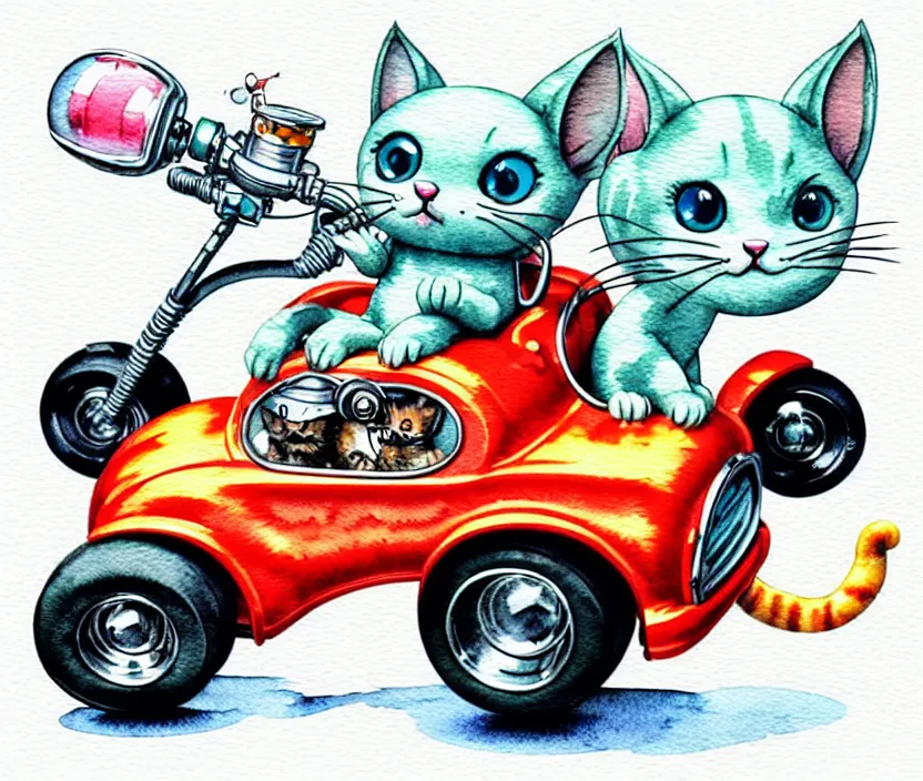 Image similar to cute and funny, kitten wearing a helmet riding in a tiny hot rod with oversized engine, ratfink style by ed roth, centered award winning watercolor pen illustration, isometric illustration by chihiro iwasaki, edited by range murata, tiny details by artgerm and watercolor girl, symmetrically isometrically centered