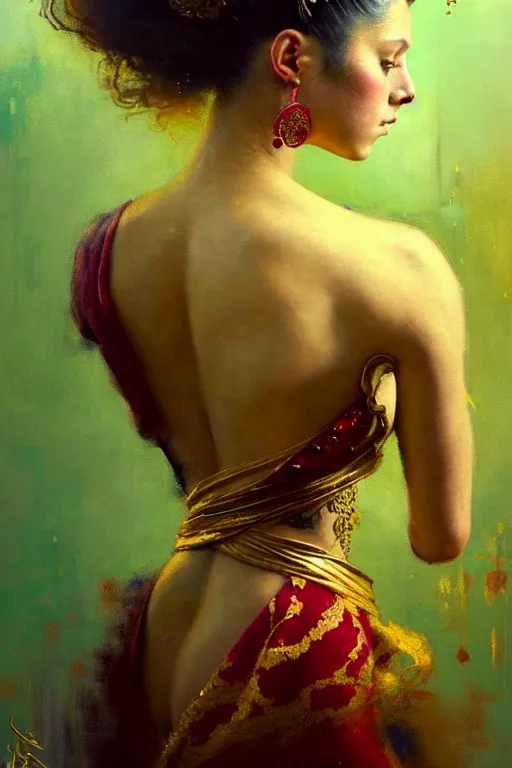 Image similar to an epic painting of a 1 9 years old girl figure, curly messy high bun hairstyle, oriental tattoos, subject wearing a gold and ruby high fashion gown, flowing, ornate, beautiful, muted tonal colors, with few vivid green highlights, by jeremy mann and greg rutkowski, artstation, oil on canvas