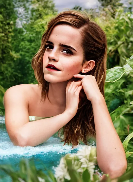 Image similar to Emma Watson for Victorian Secret, perfect face, hot summertime hippie, psychedelic swimsuit, swimming pool in home, cloudy day, full length shot, XF IQ4, 150MP, 50mm, f/1.4, ISO 200, 1/160s, natural light, Adobe Photoshop, Adobe Lightroom, DxO Photolab, Corel PaintShop Pro, rule of thirds, symmetrical balance, depth layering, polarizing filter, Sense of Depth, AI enhanced