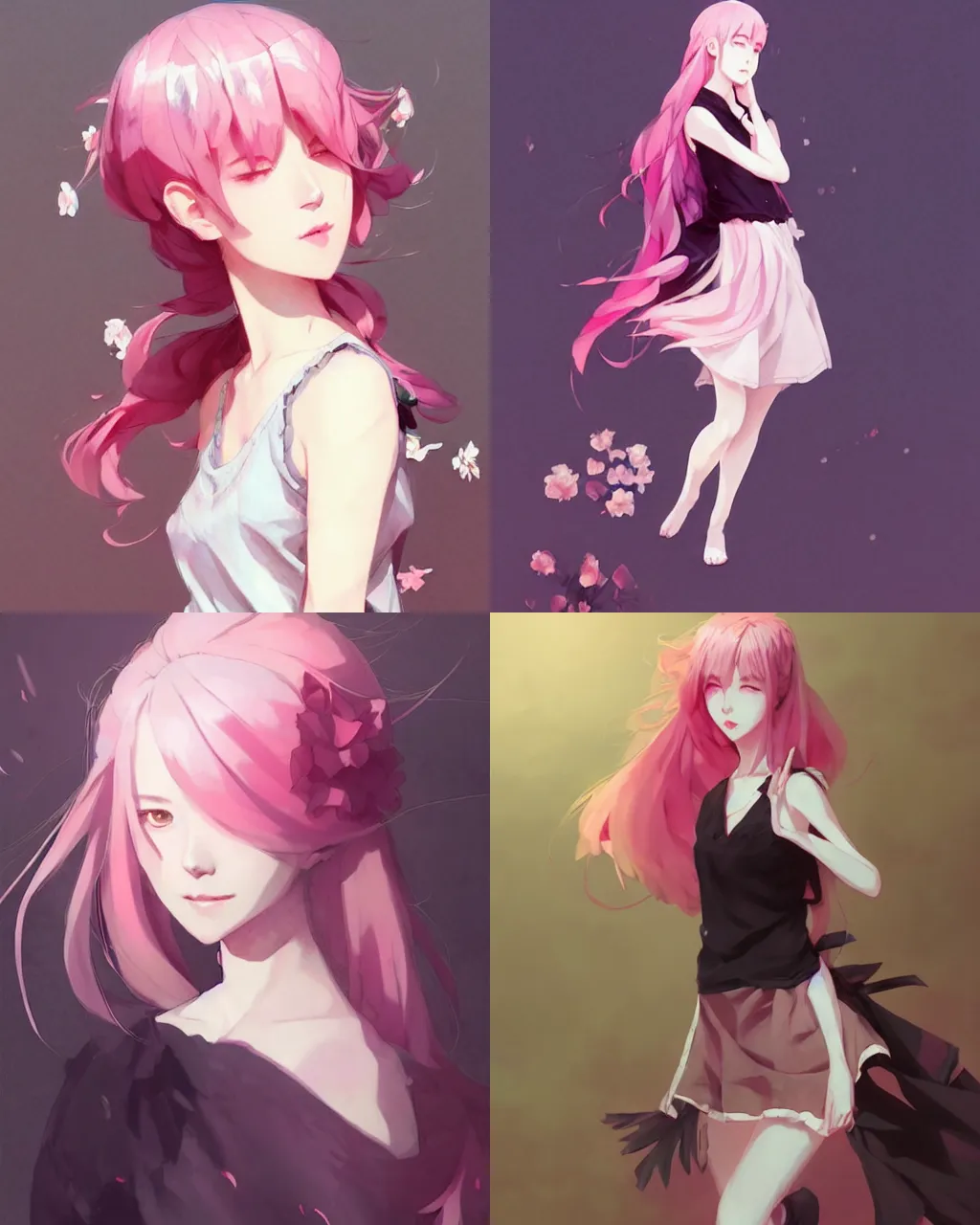 Prompt: a girl with pink hair and black skirt, flower decoration on the background, a beautiful half body illustration, top lighting, perfect shadow, reduce saturation, leaning towards watercolor, art by sakimichan and krenz cushart and wenjun lin