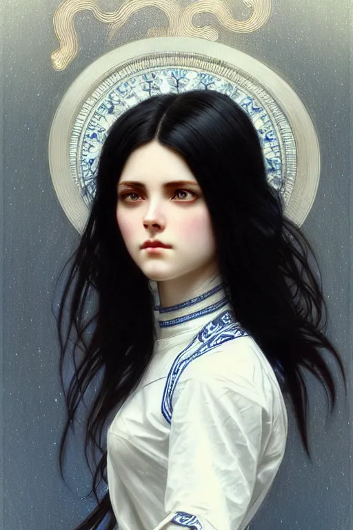 Image similar to ultra realistic, Beautiful black haired woman, Porcelain white complexion, big blue eyes, cute small lips., wearing jeans and white blouse, whip in hand, intricate details, eerie, highly detailed, octane render, 8k, art by artgerm and alphonse mucha and greg rutkowski