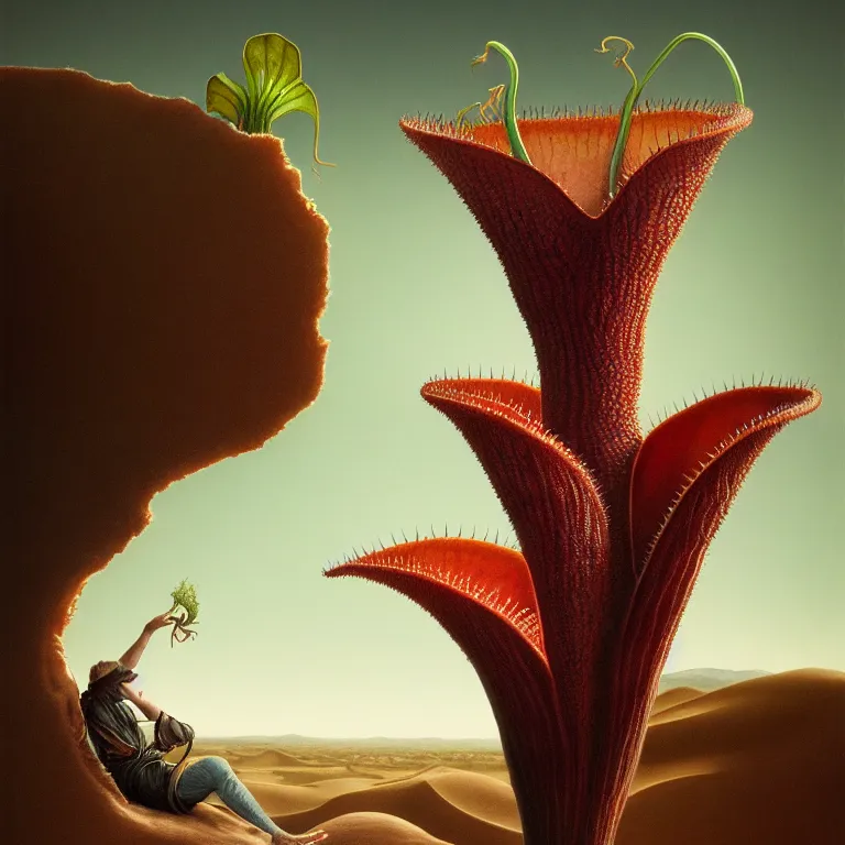 Prompt: carnivorous plant, young white man, in desert, dune, baroque portrait painting, beautiful detailed intricate insanely detailed octane render trending on Artstation, 8K artistic photography, photorealistic, chiaroscuro, Raphael, Caravaggio