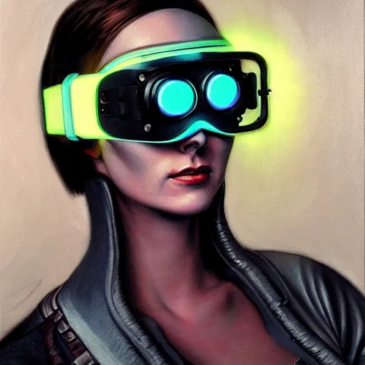 Image similar to portrait of a cyberpunk woman with glowing goggles, by gerald brom