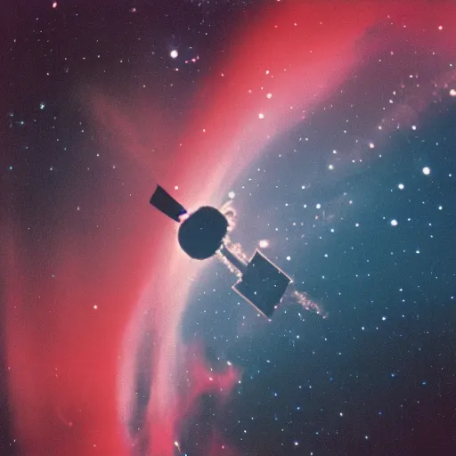 Prompt: analog photograph of the international space station floating in deep space, detailed clouds, nebula, planets, galaxies, warm azure tones, red color bleed, film grain