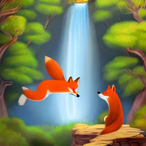 Image similar to A happy fox is jumping into a waterfall (storybook illustration for children, trending on Artstation)