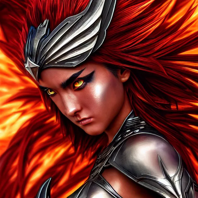 Image similar to phoenix warrior, artgerm, highly detailed, 8 k, hdr, close up, smooth, sharp focus, high resolution, award - winning photo