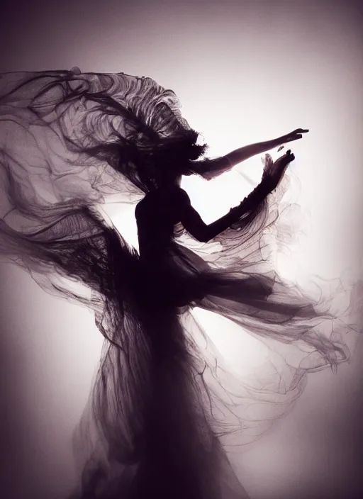 Image similar to a Photorealistic dramatic hyperrealistic render of a glamorous beautiful Female smoke dancer by Ken Brower and Deborah Ory of NYC Dance project,Lois Greenfield,Flowing cloth and smoke,Beautiful dynamic dramatic dark moody lighting,volumetric,shadows,cinematic atmosphere,Octane render,8K