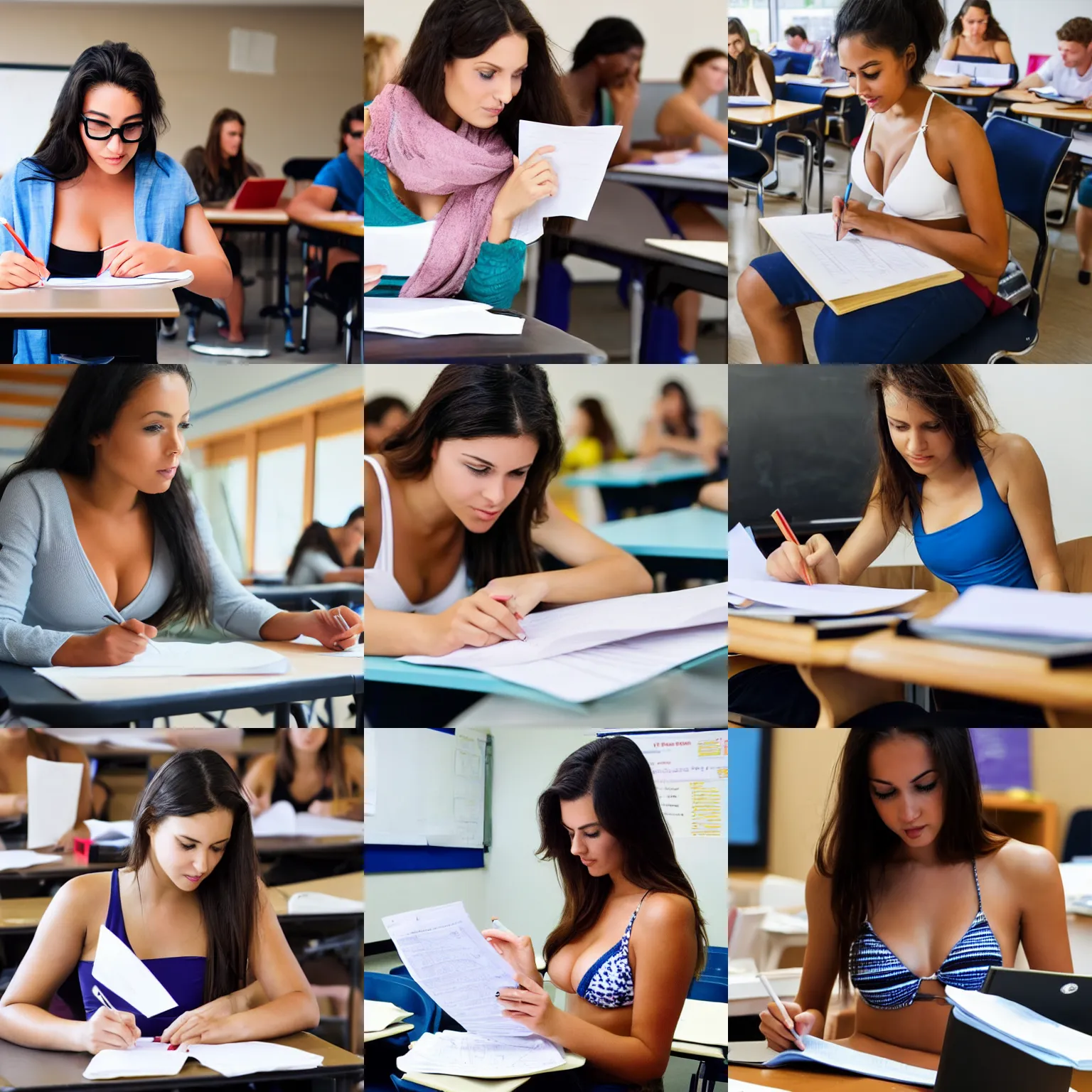 Prompt: a beautiful woman in bikini reviewing student exams in a college classroom