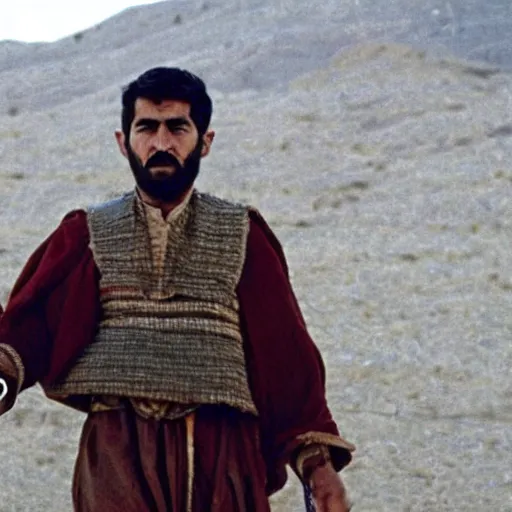 Image similar to Kurdish shepherd wearing Kurdish clothes in a movie directed by Christopher Nolan, movie still frame, promotional image, imax 70 mm footage