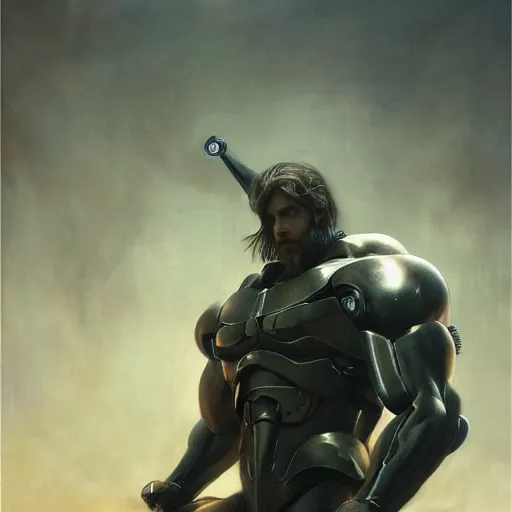 Image similar to handsome portrait of a spartan guy bodybuilder posing, radiant light, caustics, war hero, metal gear solid, ghost in the shell, steel bull run, by gaston bussiere, bayard wu, greg rutkowski, giger, maxim verehin