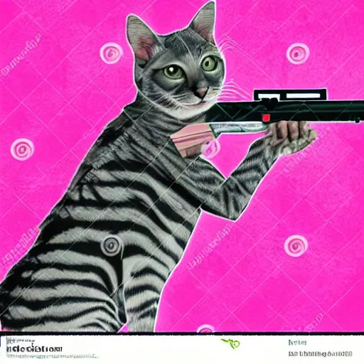Prompt: grey cat with white stripes play apex legends, shooting gun, comic style, pink background