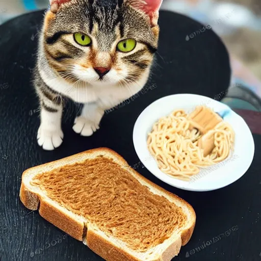 Prompt: tabby cat with nice eyes sitting next to a slice of peanut butter toast with indomie mi goreng noodles on top