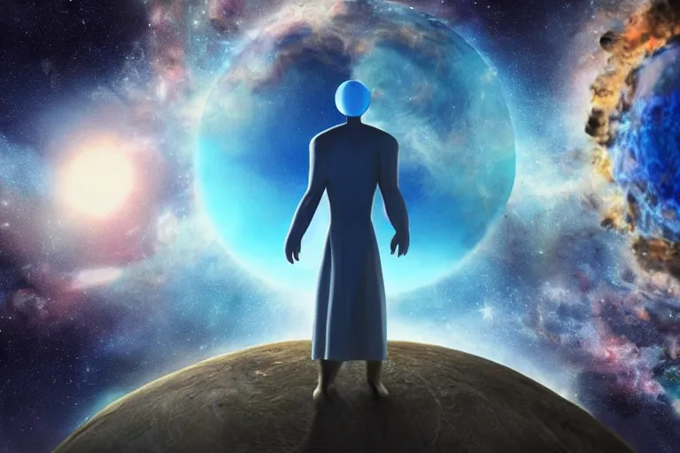 Prompt: a blue alien, faceless, standing on the planet looking at Armageddon, the background is cosmic, high quality