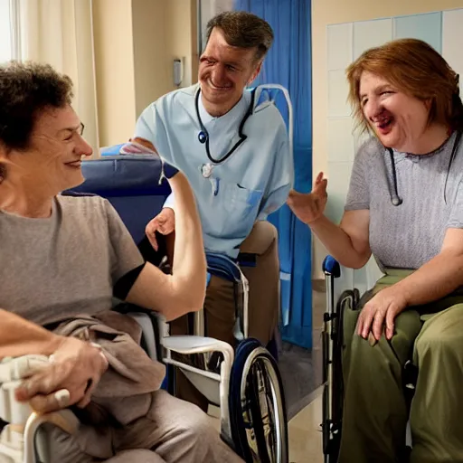 Image similar to a male patient in a wheelchair in the hospital with his wife and son standing by. happy, cheerful, smiling, cinematic lighting, art by emiliya lane, margaret dyer