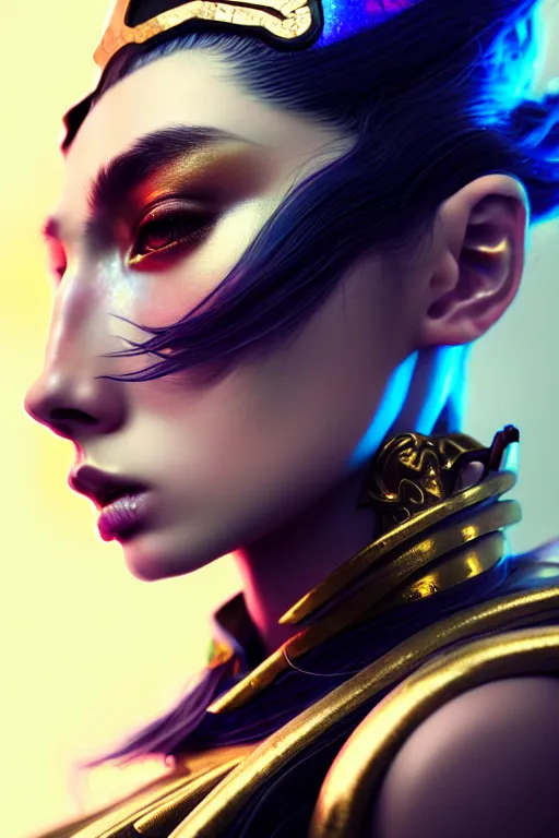 Image similar to hyperdetailed portrait of one stunningly beautiful european girl androgynous guard made of iridescent metals, smoke, leds, inspired by helmet newton, ross tran and wlop and masamune shirow and kuvshinov, concept art, intricate, photorealistic, octane render, rtx, hdr, unreal engine, dnd digital art by artgerm fine face