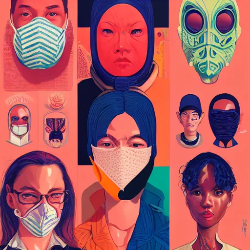 Image similar to portrait of people with sanitary mask, Tristan Eaton, artgerm, Victo Ngai, RHADS, ross draws