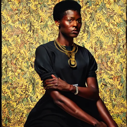 Image similar to A portrait of a thin trendy and gorgeous non-binary person, dark black skin tone, oil painting by Kehinde Wiley, majestic, detailed, high resolution