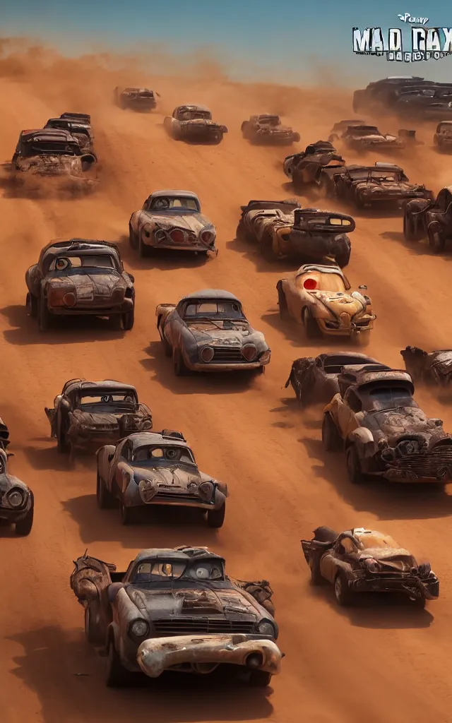 Prompt: pixar cars racing fast in the world of mad max fury road. pixar eyes. 4 k ultra detailed