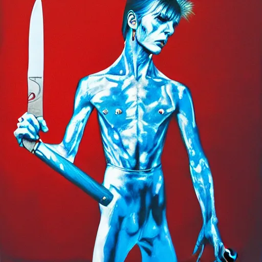 Image similar to Ziggy Stardust holding a Bowie knife, james jean, fist