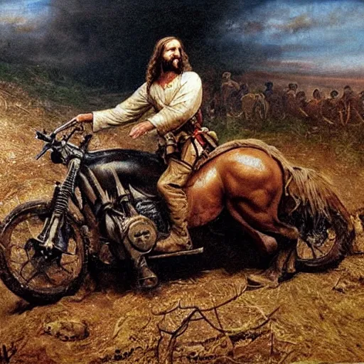 Prompt: Jesus riding a war hog into the battle of the somme as he guides wounded soldiers to safety, oil painting, epic, beautiful