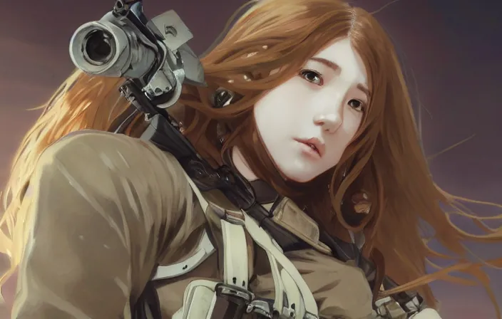 Image similar to infantry girl, anime style, symmetrical facial features long hair, hair down, under heavy fire, explosions, wallpaper, hyper realistic, pale skin, rule of thirds, extreme detail, 4 k, detailed drawing, trending artstation, realistic lighting, trading card, by alphonse mucha, greg rutkowski, sharp focus, backlit, fast helmet