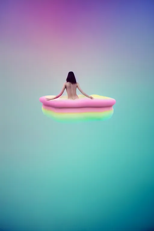 Image similar to high quality pastel coloured film close up wide angle photograph of a model wearing clothing swimming on cloud furniture in a icelandic black rock!! environment in a partially haze filled dreamstate world. three point light, rainbow. photographic production. art directed. pastel colours. volumetric clouds. pastel gradient overlay. waves glitch artefacts. extreme facial clarity. 8 k. filmic.