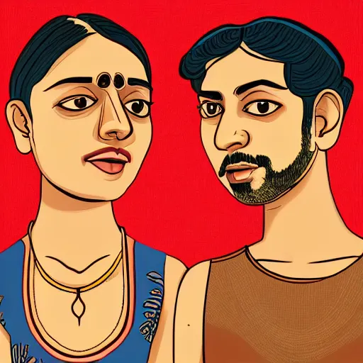 Image similar to perfectly centered symmetrical split male and female portrait of young indian man and woman in love sharing one heart. illustration, highly detailed, simple, no jagged lines, smooth, artstation, artwork by chip zdarsky