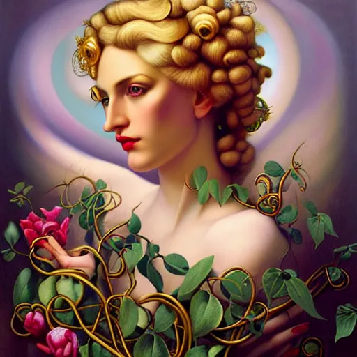 Image similar to dynamic composition, blonde woman with hair of spring flowers and vines wearing ornate earrings, ornate gilded details, pastel colors, a surrealist painting by tom bagshaw and jacek yerga and tamara de lempicka and jesse king, wiccan, pre - raphaelite, featured on cgsociety, pop surrealism, surrealist, dramatic lighting