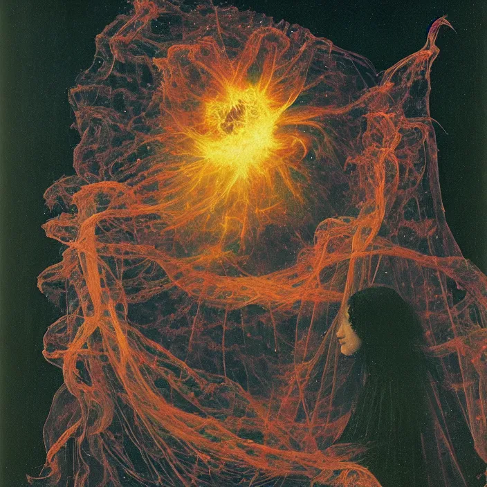 Prompt: a closeup portrait of a cloaked woman floating next to an eel nebula, eel nebula, by jan van eyck