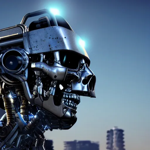 Image similar to closeup on the head of a terminator with borg enhancements, cameras for eyes, open head and all components and gears are visible inside, ultra detailed 8k. There is a dystopian city in the background. Rendered with unreal 5 engine with ray tracing and tessellation