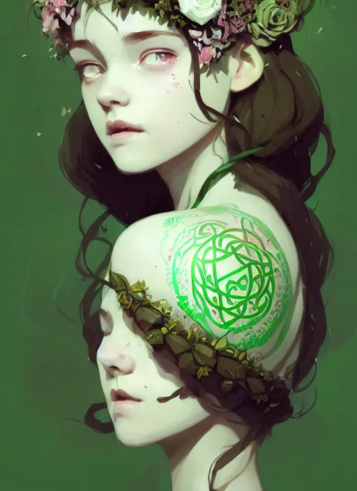 Image similar to portrait of cute fairy girl with crown of flowers covered with celtic rune tattoos, fantasy, by atey ghailan, by greg rutkowski, by greg tocchini, by james gilleard, by joe gb fenton, by kaethe butcher, dynamic lighting, gradient light green, brown, blonde cream and white color in scheme, grunge aesthetic