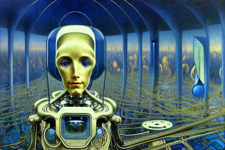 Image similar to realistic extremely detailed portrait painting of an anthropomorphic supercomputer robot, futuristic sci-fi landscape on background by Jean Delville, Amano, Yves Tanguy, Alphonse Mucha, Ernst Haeckel, Edward Robert Hughes, Roger Dean, rich moody colours, blue eyes