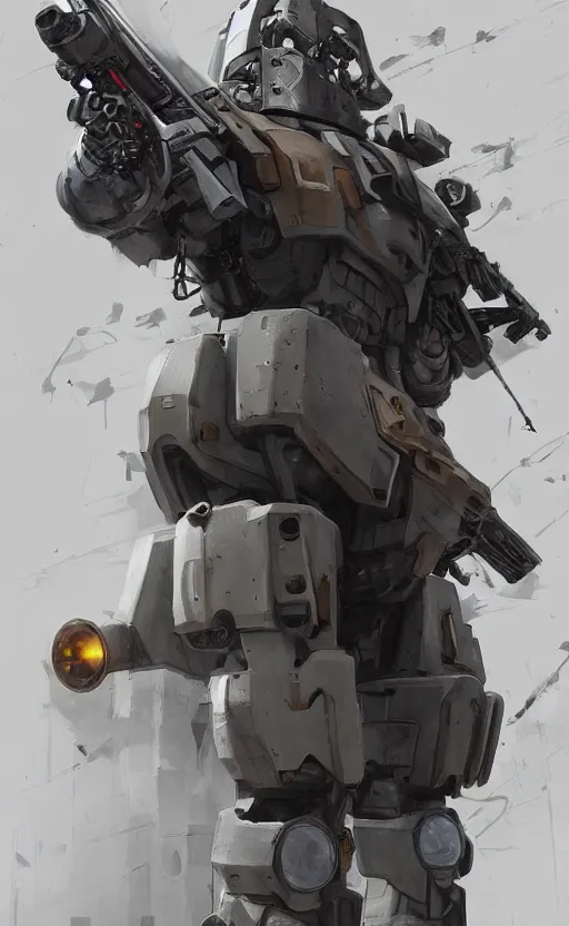 Image similar to a mech soldier holstering his rifle, full view, artstation, cinematic, concept art, 8k, Pinterest, cgsociety, hyper detailed, ultra realistic, illustration, epic, high resolution, post processing, high quality, unreal engine, digital art, deviant art, octane render, art by Yi Yang artstation + StTheo + Alan Van Ryzin,
