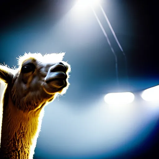 Prompt: film still of a llama dunking a basketball, low angle, extreme long shot, indoors, dramatic backlighting