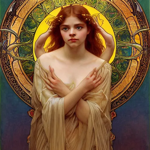 Image similar to detailed portrait art nouveau painting of the goddess of the sun, backlit, who resembles Anya Taylor Joy, Chloe Grace Moretz, and Emma Watson with anxious, piercing eyes, by Alphonse Mucha, Michael Whelan, William Adolphe Bouguereau, John Williams Waterhouse, and Donato Giancola