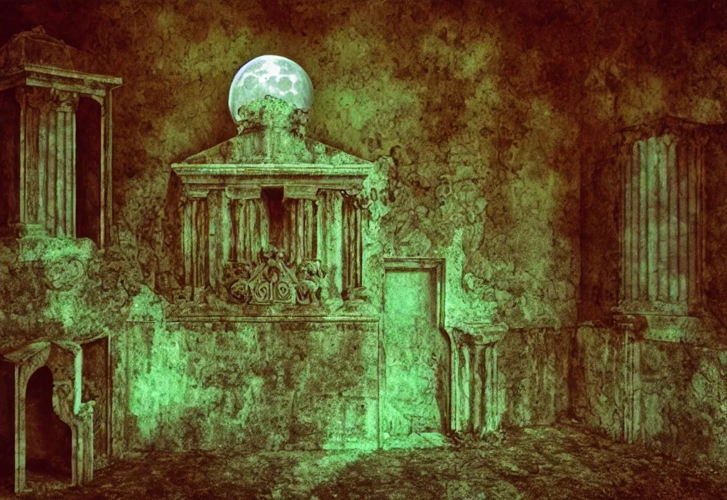 Prompt: colorized dreamy forgotten mausoleum, lunar mythos, award winning art by bill brandt and wolfgang letti