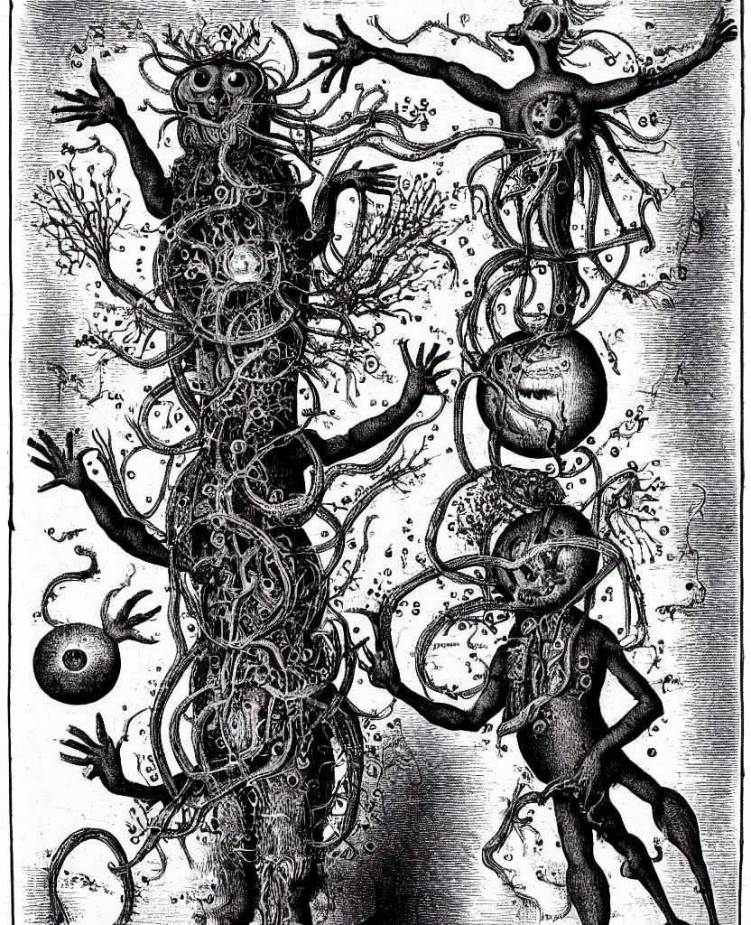 Image similar to whimsical freaky creature sings a unique canto about'as above so below'being ignited by the spirit of haeckel and robert fludd, breakthrough is iminent, glory be to the magic within