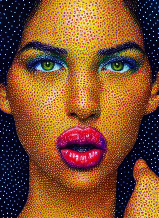 Prompt: a beautiful detailed pointillism art illustration of a girl in the face biting her lip, centered, by alberto santiago and moebius, trending on artstation, vivid colors, dim dusk lighting, cinematic lighting, detailed lighting, volumetric lighting, realistic, f 8, 4 k hd wallpaper
