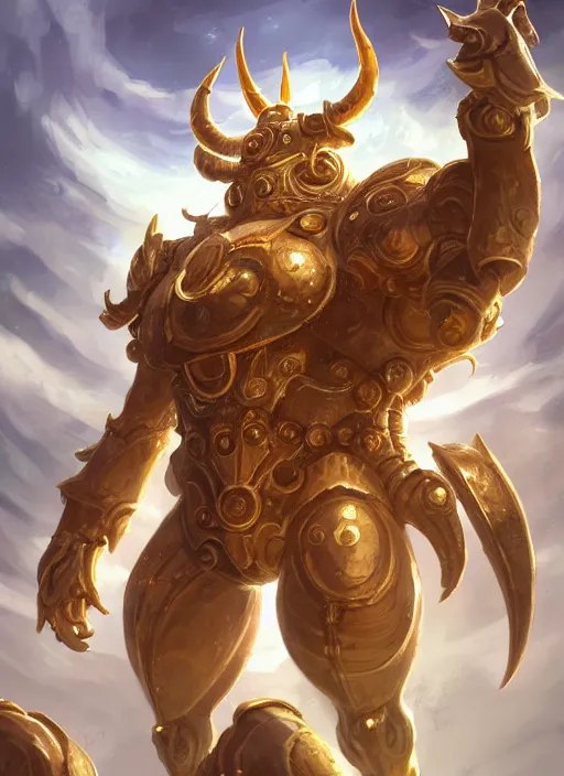 Image similar to a highly detailed illustration of gentle colossal golden horned mechanical giant, with cute doting eyes, intricate, elegant, highly detailed, centered, digital painting, artstation, concept art, smooth, sharp focus, league of legends concept art, wlop.