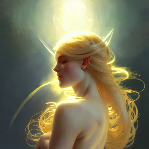 Image similar to A girl with blonde hair and glowing halo, spiritual, ethereal, dramatic lighting, fantasy, intricate, elegant, highly detailed, digital painting, artstation, concept art, smooth, sharp focus, illustration, art by Krenz Cushart and Artem Demura and alphonse mucha