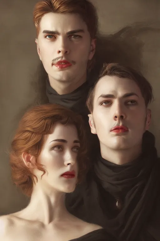 Prompt: a portrait of handsome young evil male Satan and his elegant beautiful wife, bored, illustration, dramatic lighting, soft details, painting oil on canvas, art deco, octane render, HDR, 4k, 8k, HD, by Edmund Blair Leighton, Brom, Charlie Bowater, trending on artstation, faces by Tom Bagshaw, Sargent