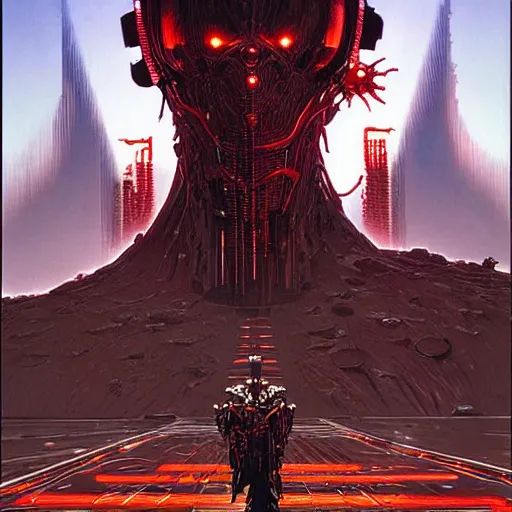 Image similar to a epic boss made by metal, cyberpunk style, super complex and instruct, epic stunning atmosphere, hi - tech synthetic rna bioweapon nanotech demonic monster horror by syd mead, michael whelan, jean leon gerome, junji ito