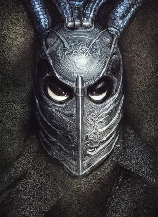 Image similar to cyber rodney dangerfield mf doom reptile eyes, black metal skin. intricate, elegant, highly detailed, centered, digital painting, artstation, concept art, smooth, sharp focus, illustration, artgerm, tomasz alen kopera, peter mohrbacher, donato giancola, joseph christian leyendecker, wlop, frank frazetta