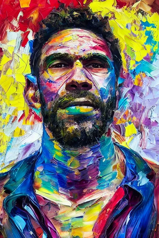 Prompt: palette knife oil painting portrait of eddie dreamtime, an athletic and lean hipster in his early 4 0 s in hipster clothes and australian aboriginal body paint, in a concrete nightclub, psychedelic, artstation trending, artgerm, any racial background, deviant art, hipster, octane, substance, art history 8 k