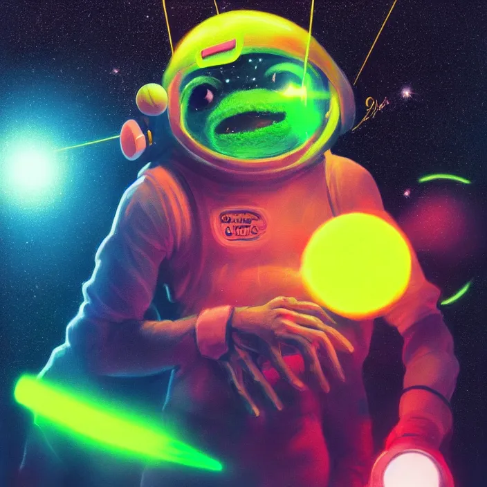 Prompt: cinematic portrait of a cute tennis ball monster in space, neon lasers, chalk, masterpiece, trending on artstation, featured on pixiv, cinematic composition, dramatic pose, beautiful lighting, sharp details, hyper - detailed, hd, hdr, 4 k, 8 k, art by basil gogos