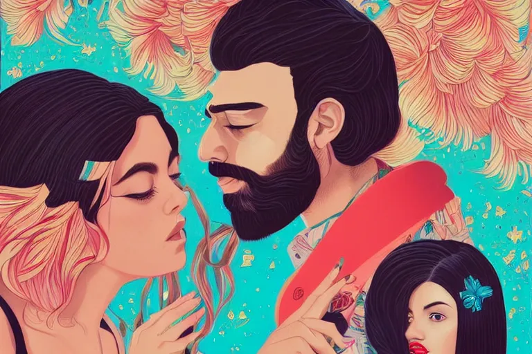 Prompt: a hispanic white girl with medium length 4 b hair, and a short - bearded mixed race man with short 4 a hair, in love selfie, tristan eaton, victo ngai, artgerm, rhads, ross draws