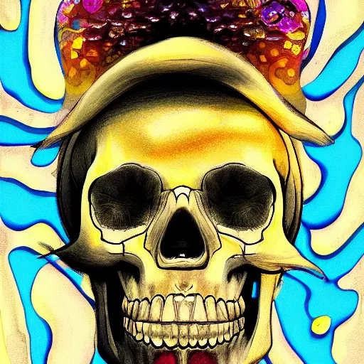 Image similar to dripping honey, portrait of skull, trippy, glitch, miyazaki style, exaggerated accents