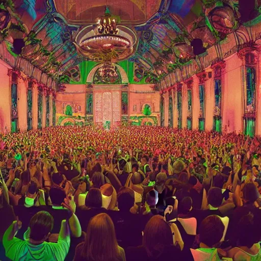 Image similar to a large crowd of people at a concert, a screenshot by alesso baldovinetti, cg society, maximalism, sanctuary, hall of mirrors, glowing neon