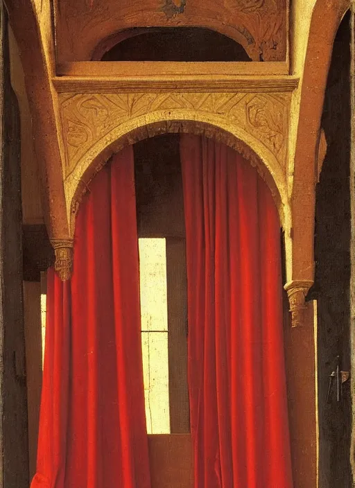 Image similar to red curtain, medieval painting by jan van eyck, johannes vermeer, florence