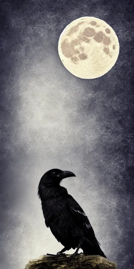 Prompt: close up portrait, crow in front of the full big moon, fantasy digital art, high definition, 8k, high details, high quality, golden and silver colors